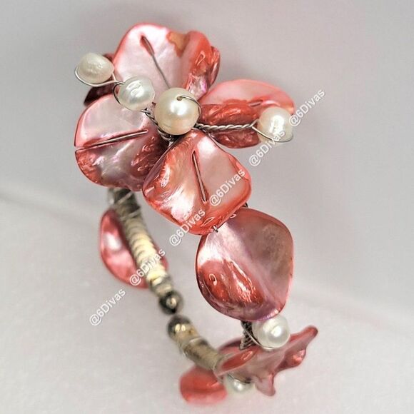 CORAL Color Sea Shell and  Pearl Cuff Bracelet Adjustable - Picture 2 of 10